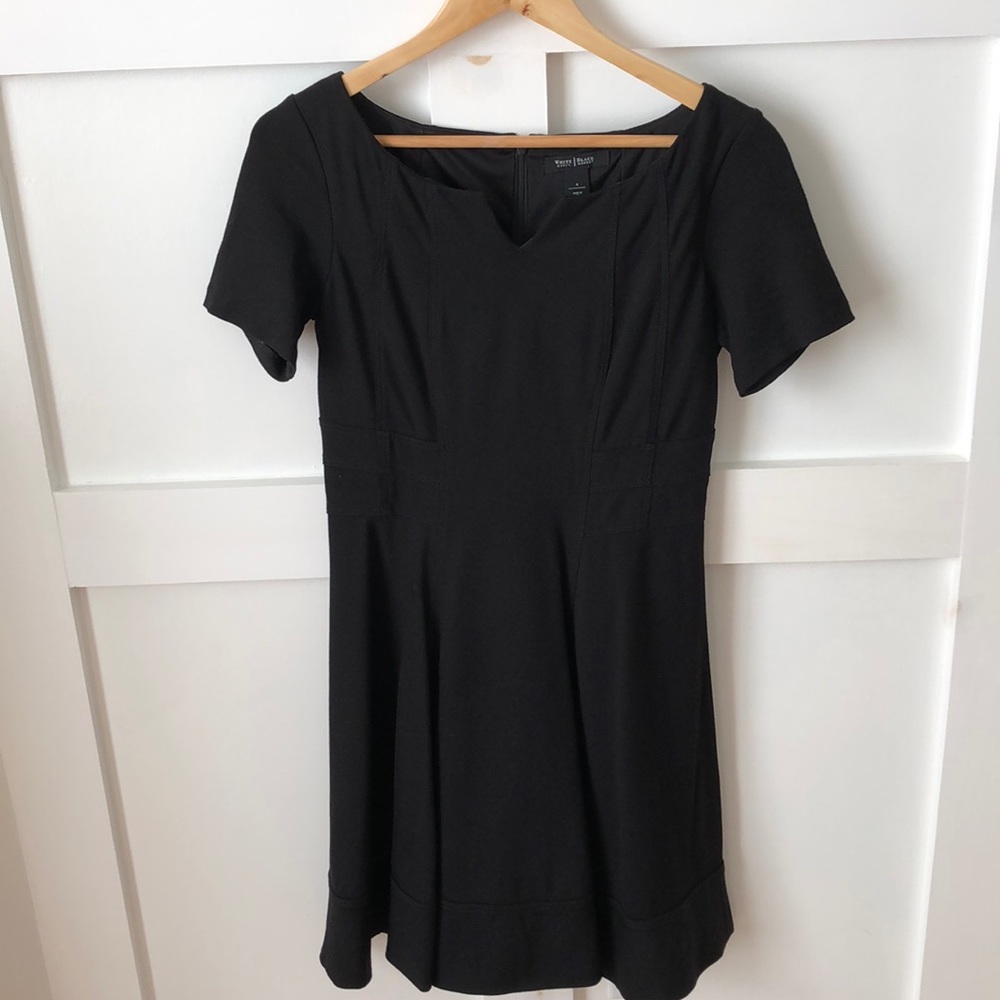 Black short-sleeved dress with A-line skirt